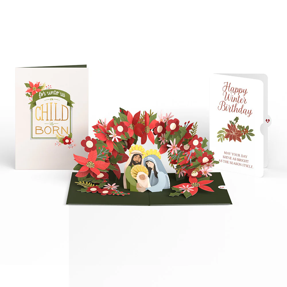 A Child Is Born Christmas Pop-Up Card and Poinsettia Winter Birthday Sentiment Set