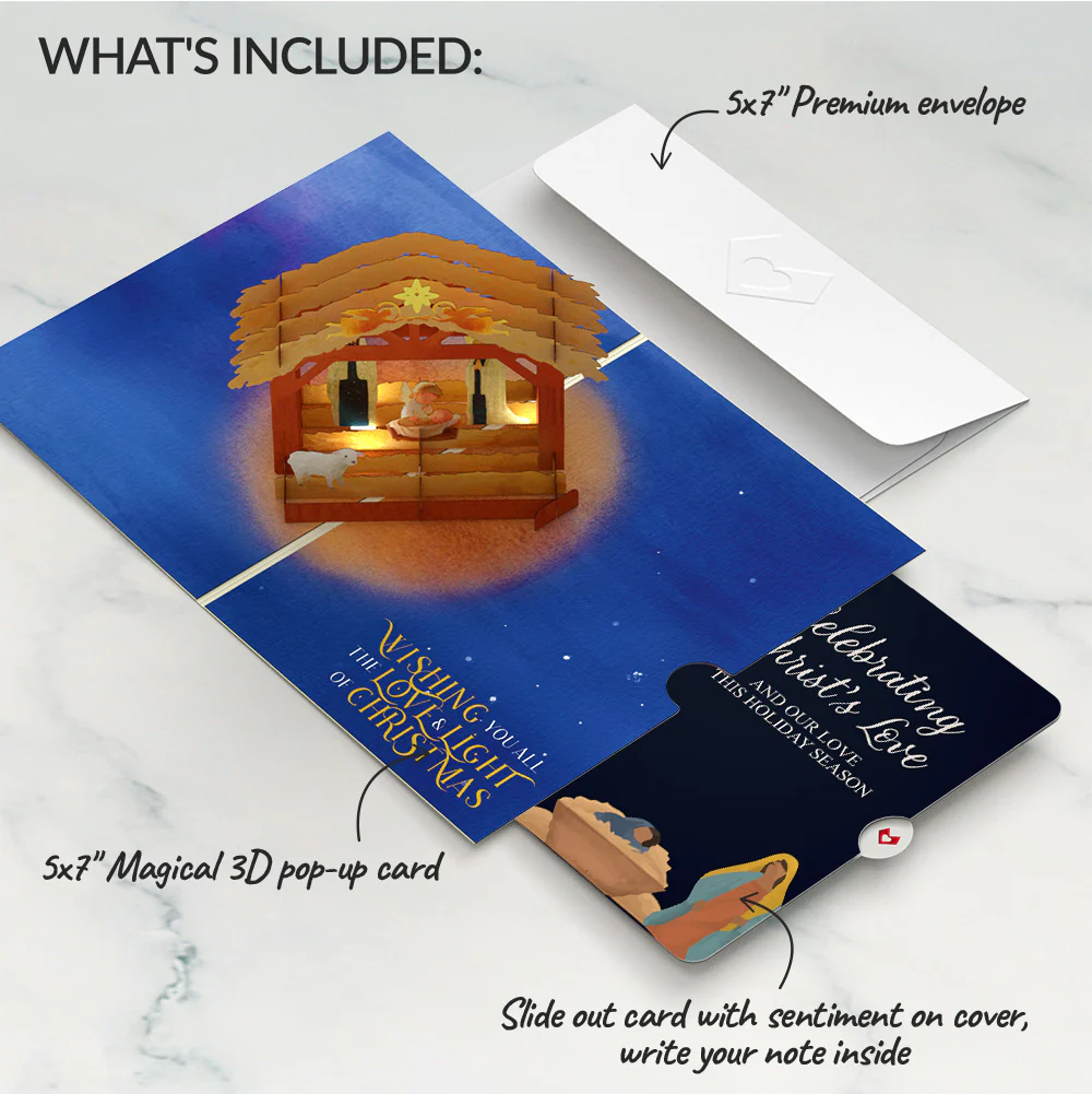A Child is Born Nativity Christmas Light-Up Pop-Up Card and Nativity Love Sentiment Set - Image 2