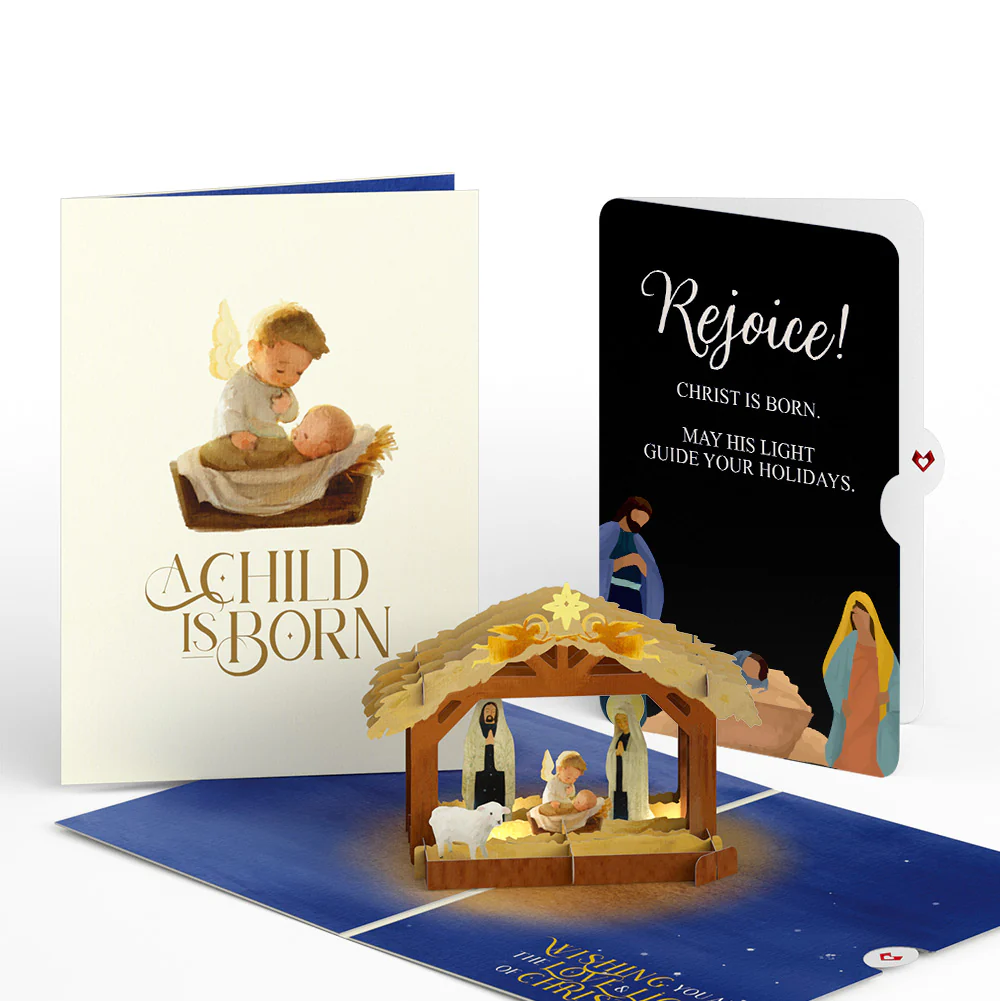 A Child is Born Nativity Christmas Light-Up Pop-Up Card and Rejoice Sentiment Set
