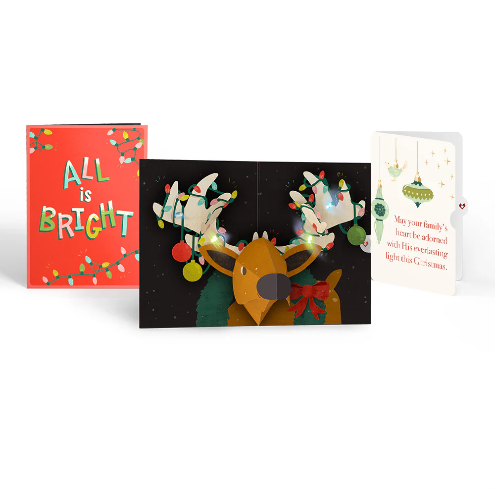All Is Bright Holiday Reindeer Light-Up Pop-Up Card and Sentiment Set for Family