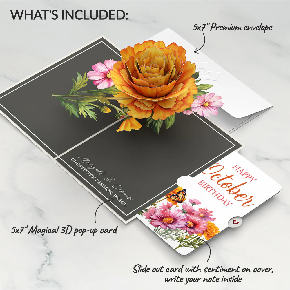 Born to Bloom: October Birth Month Flowers Pop-Up Card and Marigold & Cosmos Sentiment Set - Image 2