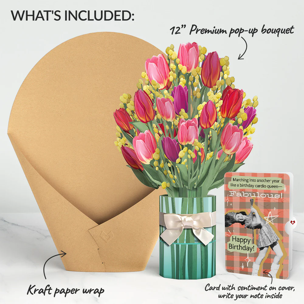 Cheerful Tulips Birthday Bouquet and Cardio Queen Sentiment Set - Image 2