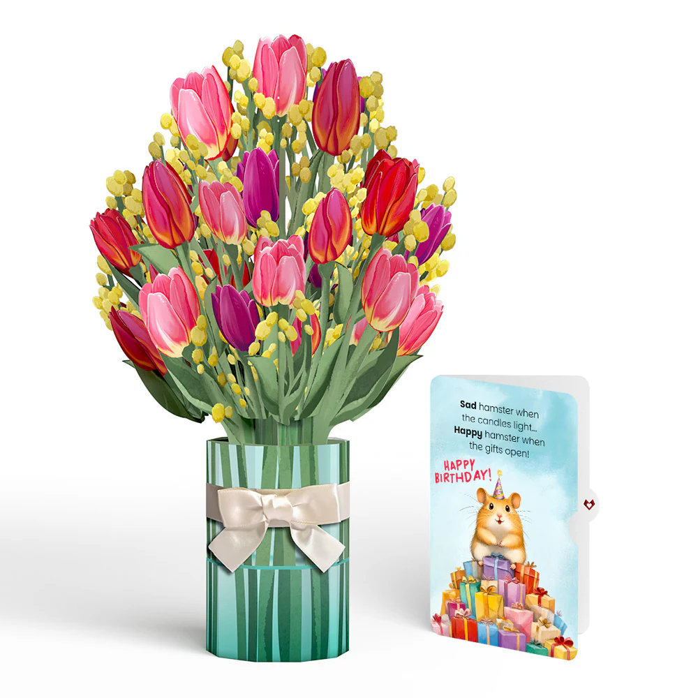 Cheerful Tulips Birthday Bouquet and Happy Hamster Sentiment Set