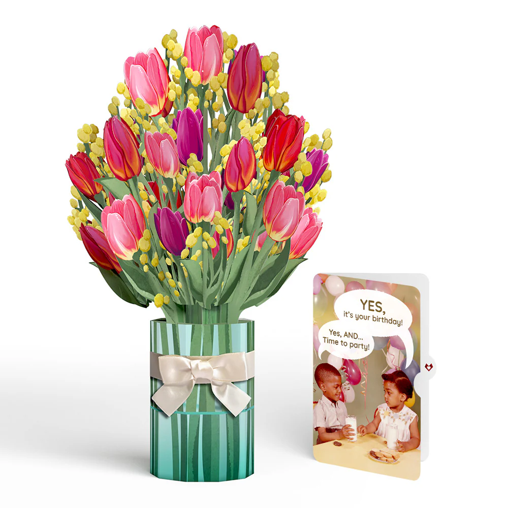Cheerful Tulips Birthday Bouquet and Time to Party Sentiment Set