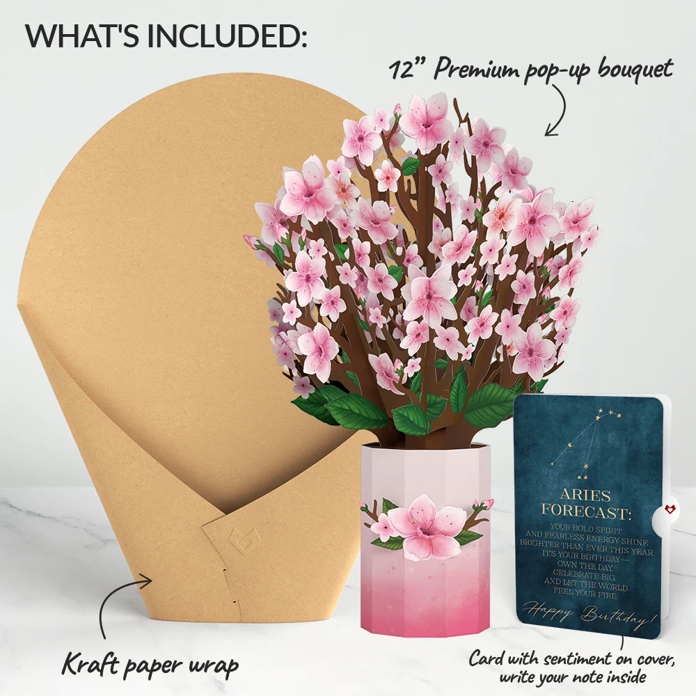 Cherry Blossom Birthday Bouquet and Aries Zodiac Sentiment Set - Image 2