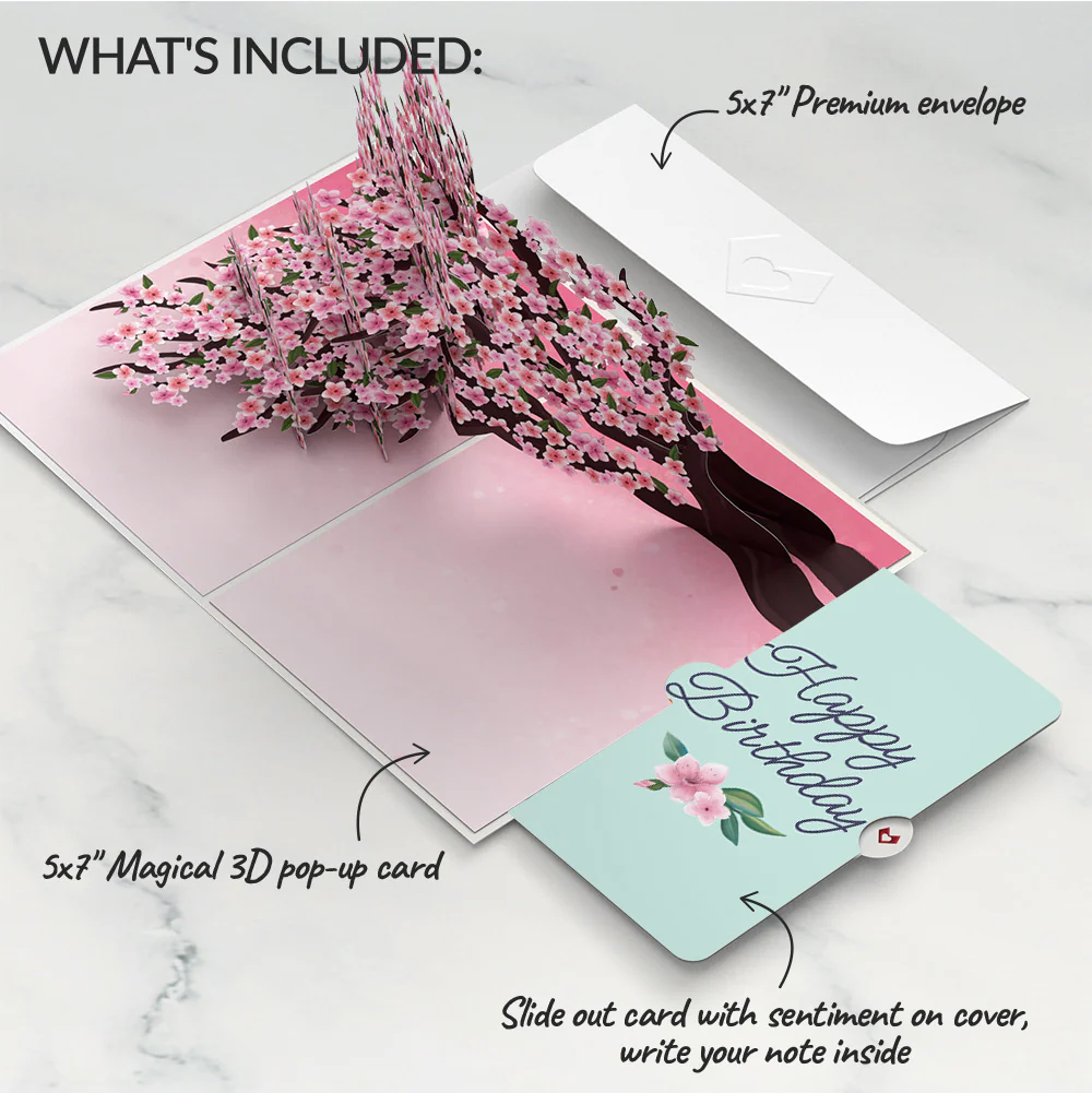 Cherry Blossom Branches in Bloom Birthday Pop-Up Card and Sentiment Set - Image 2