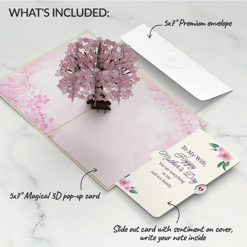 Cherry Blossom Mother's Day Pop-Up Card and Sentiment Set for Wife - Image 2