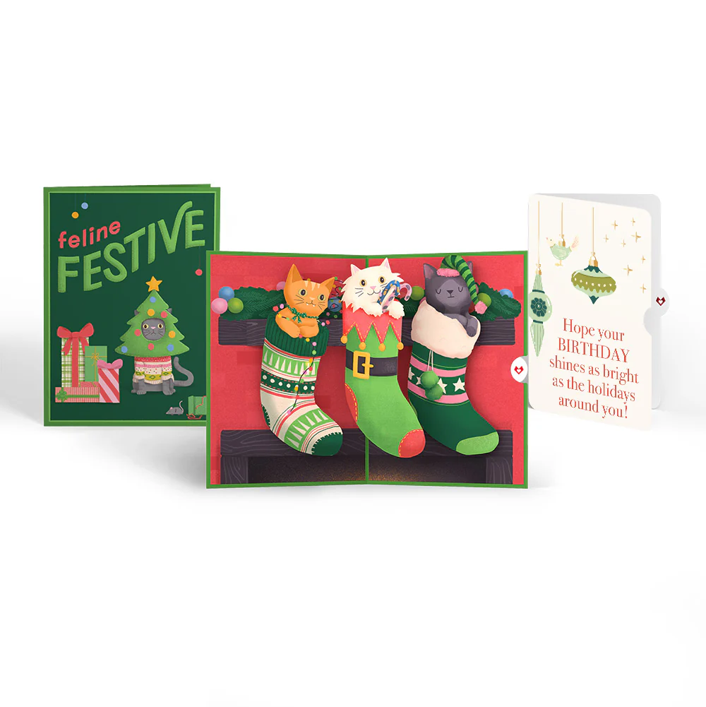 Christmas Cat Stockings Pop-Up Card and Twinkling Ornaments Birthday Sentiment Set