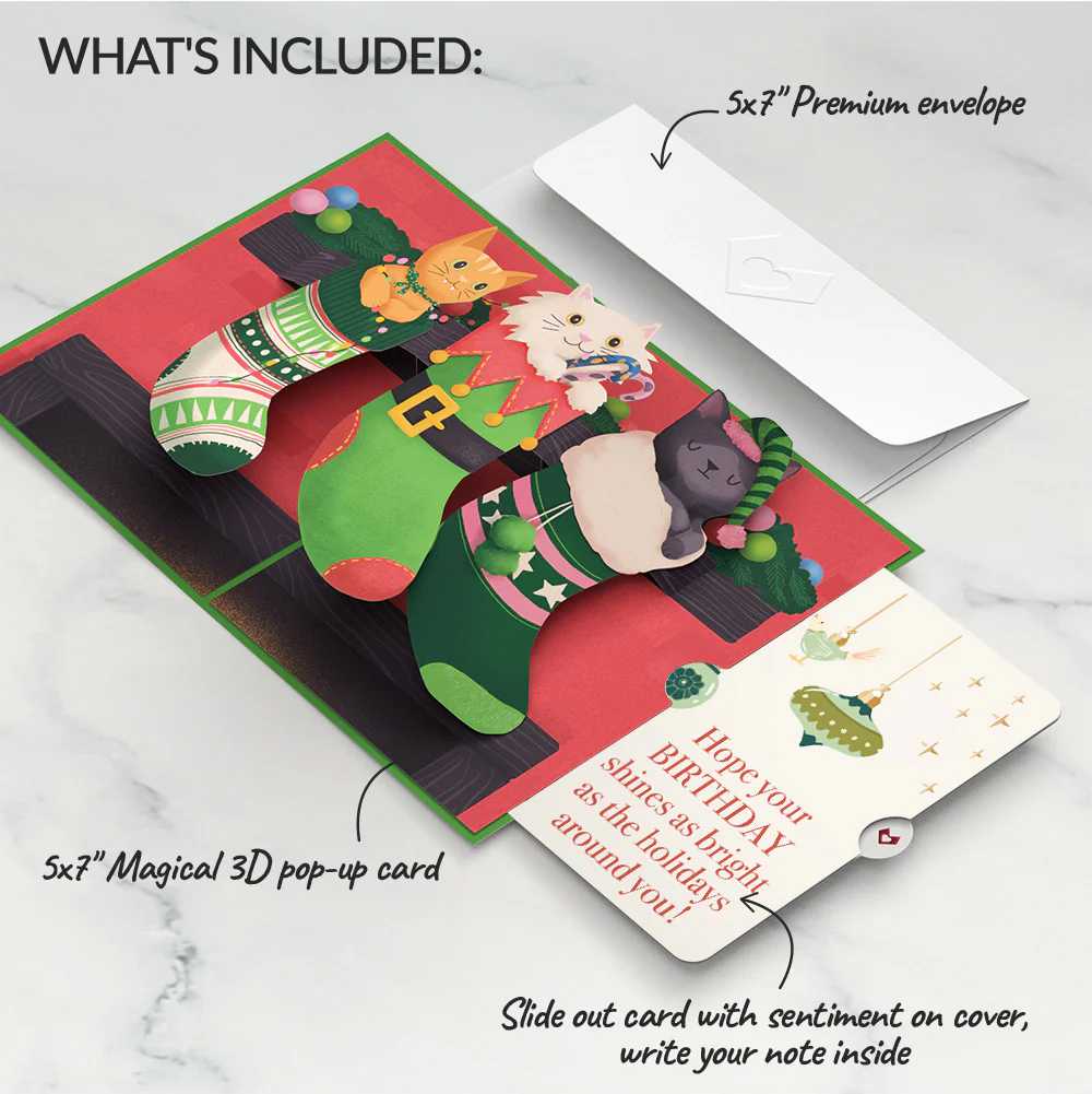 Christmas Cat Stockings Pop-Up Card and Twinkling Ornaments Birthday Sentiment Set - Image 2