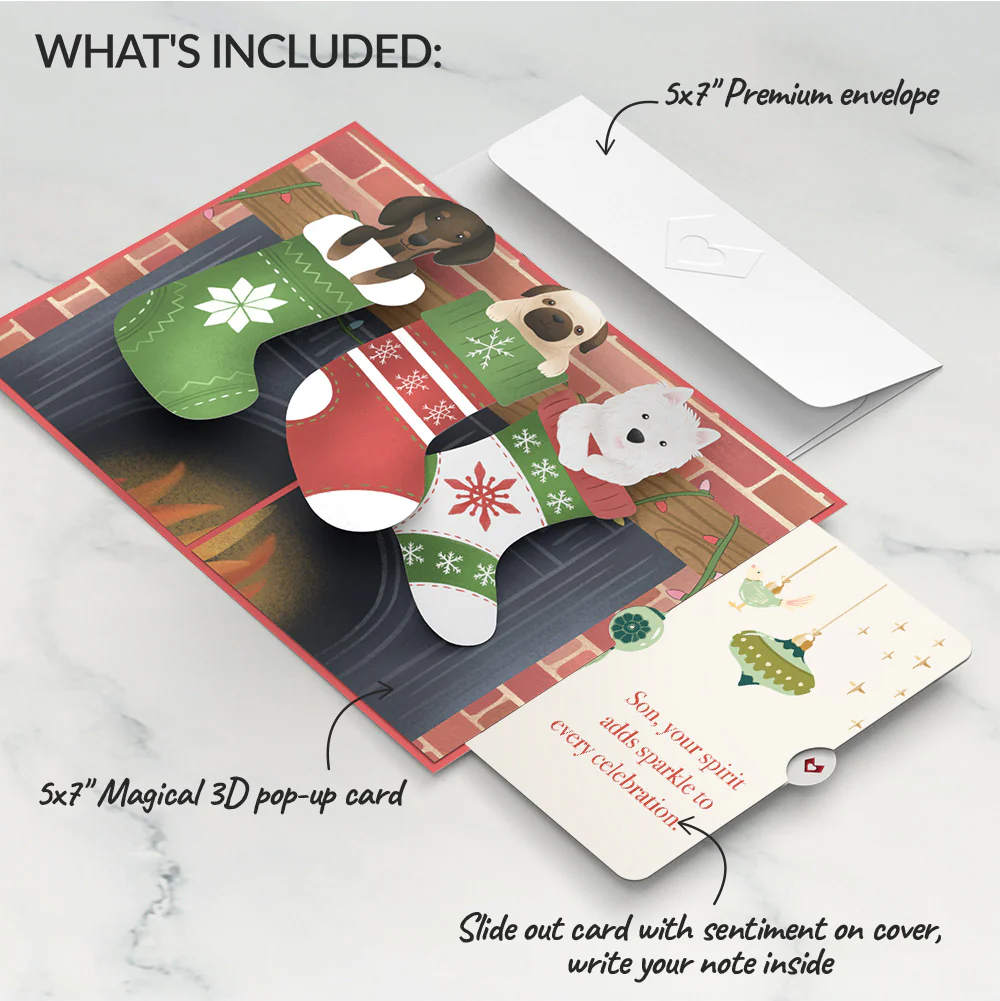Christmas Dog Stockings Pop-Up Card and Sentiment Set for Son - Image 2