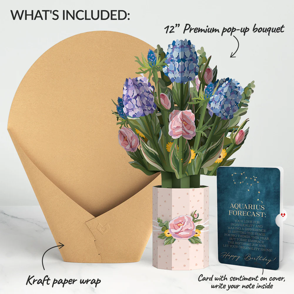 Hydrangea Birthday Bouquet and Aquarius  Zodiac Sentiment Set - Image 2