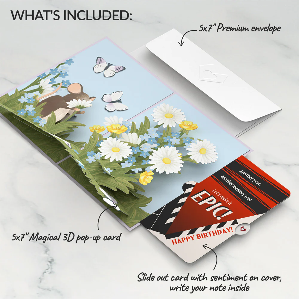 Field Mouse in the Flowers Birthday Pop-Up Card and Epic Reel Sentiment Set - Image 2
