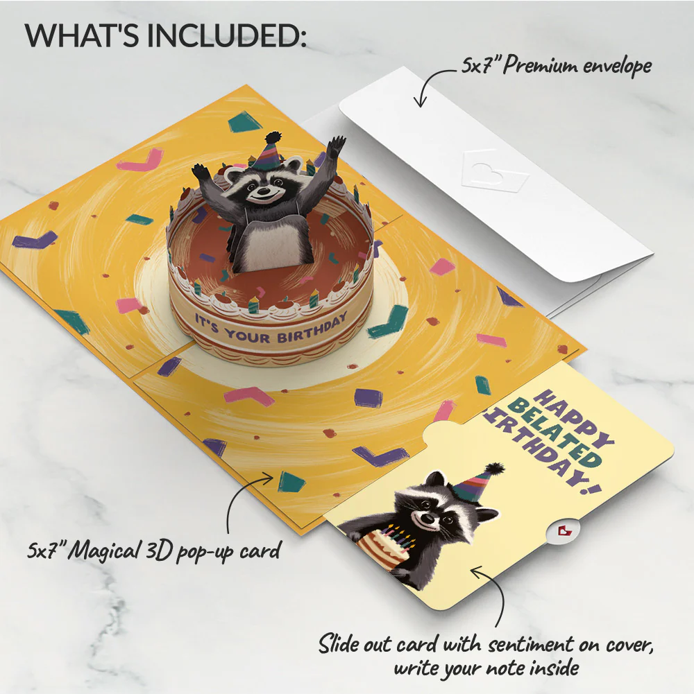 Go Feral Raccoon Belated Birthday Pop-Up Card and Sentiment Set - Image 2
