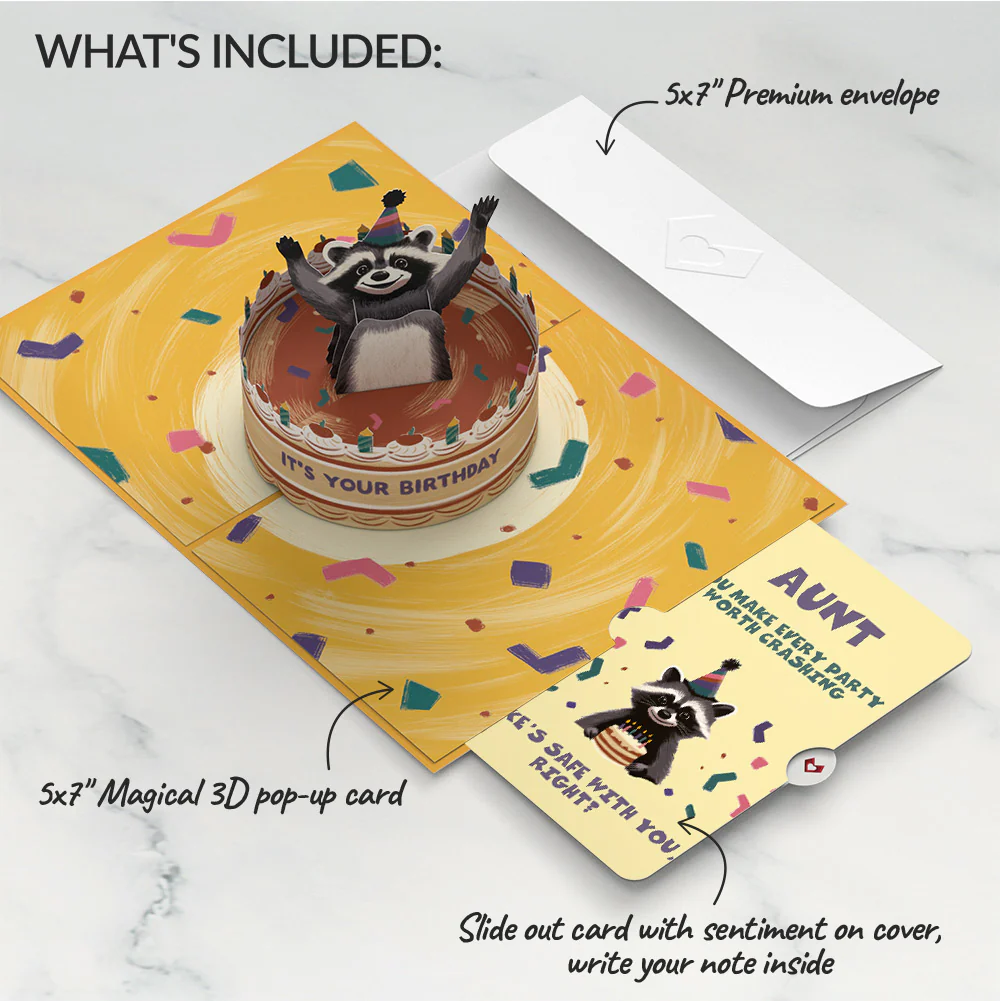 Go Feral Raccoon Birthday Pop-Up Card and Sentiment Set for Aunt - Image 2