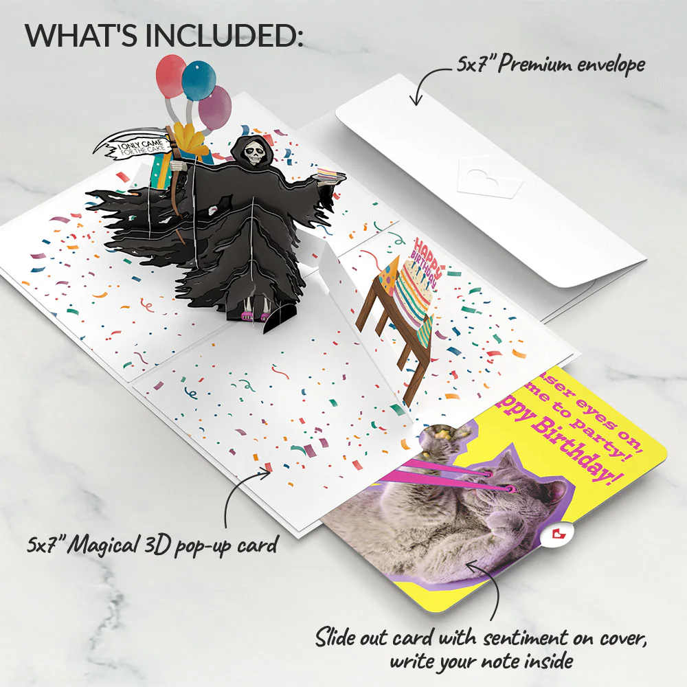 Grim Reaper Dark Humor Birthday with Cat Laser Eyes Pop-Up Card and Sentiment Set - Image 2