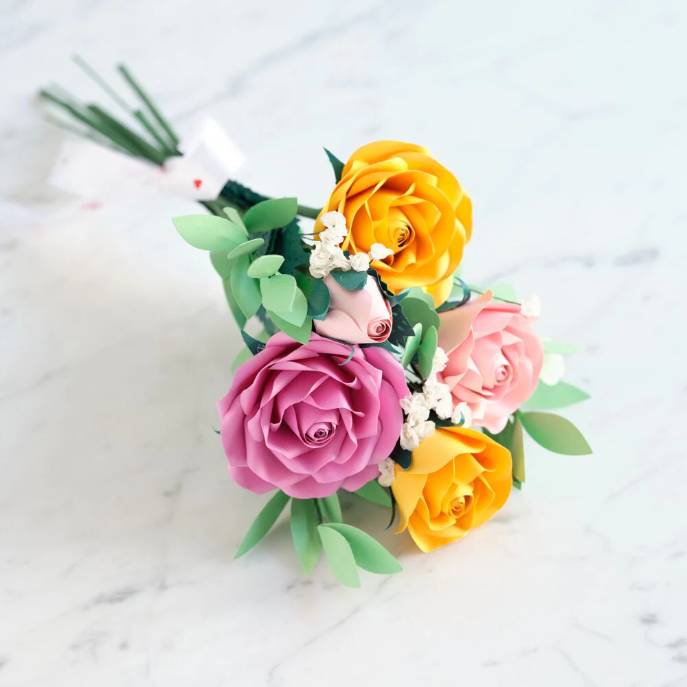 Handcrafted Paper Flowers: Pink & Yellow Roses (6 Stems) with Happy Mother's Day Pop-Up Card - Image 6
