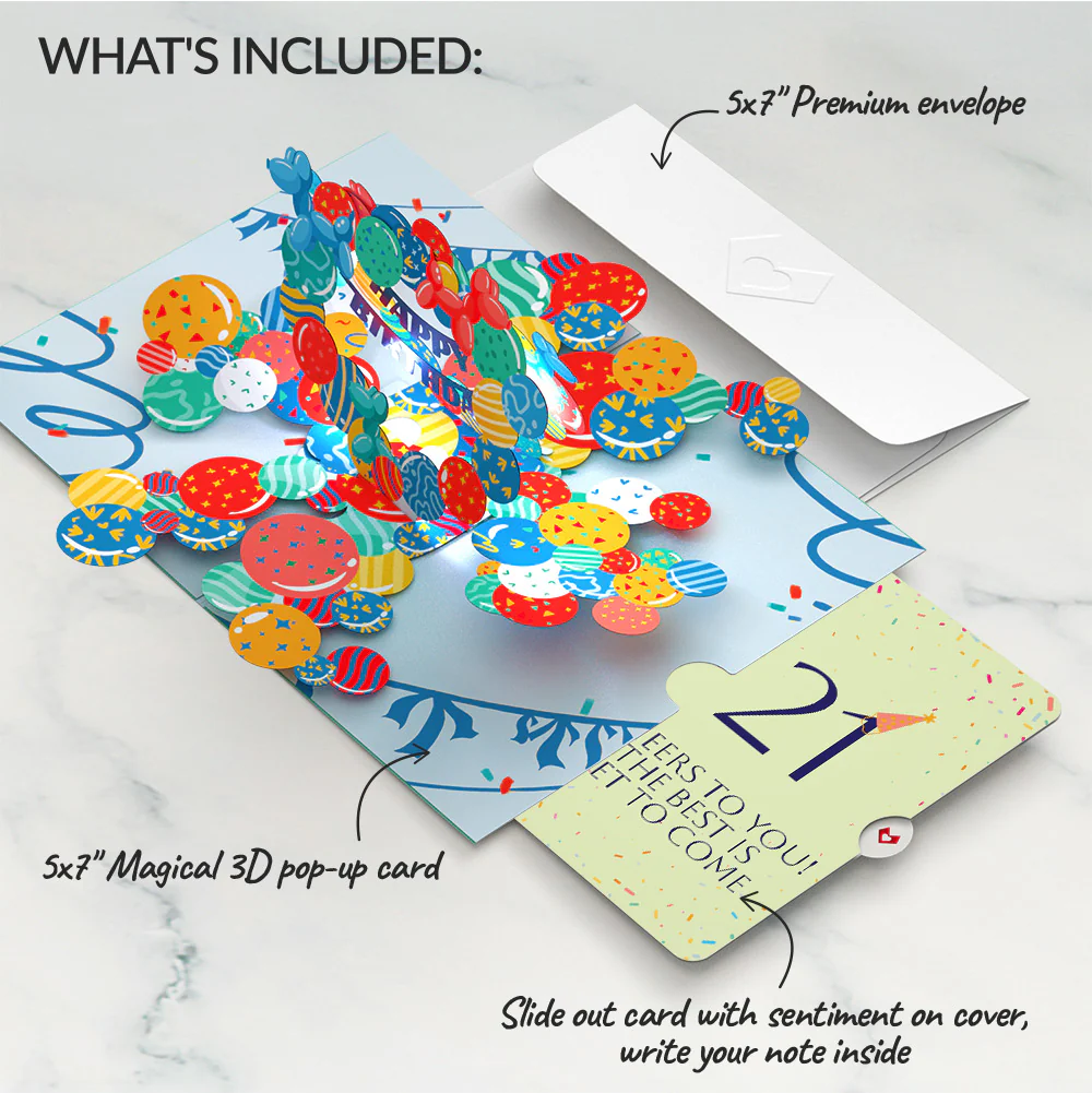 Happy 21st Birthday Balloons Music and Lights Pop-Up Card and Party Hat Sentiment Set - Image 2