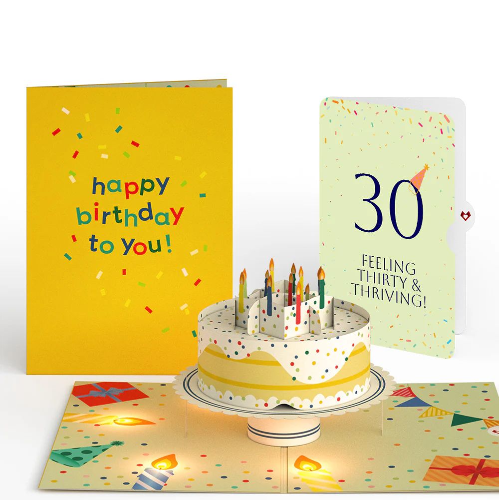Happy 30th Birthday Confetti Cake Music and Lights Pop-Up Card and Party Hat Sentiment Set