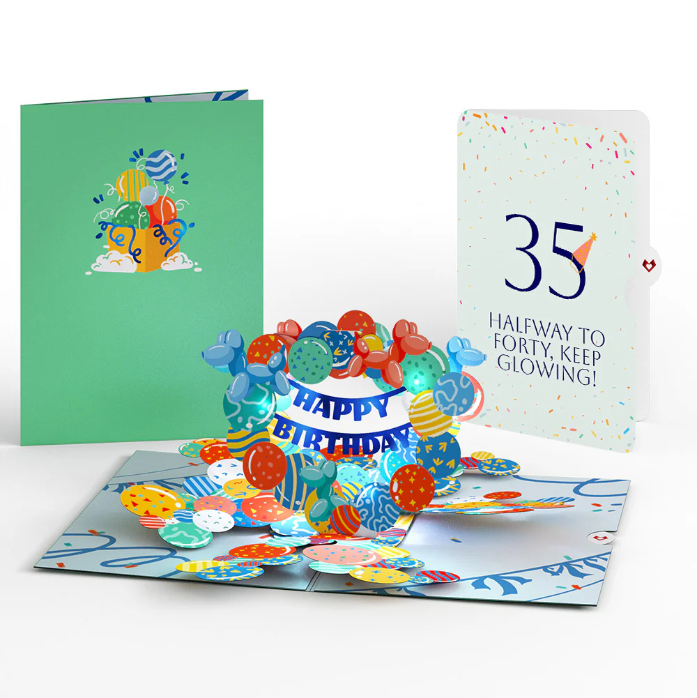 Happy 35th Birthday Balloons Music and Lights Pop-Up Card and Party Hat Sentiment Set