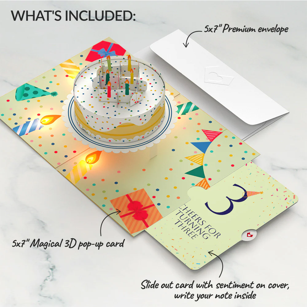 Happy 3rd Birthday Confetti Cake Music and Lights Pop-Up Card and Party Hat Sentiment Set - Image 2