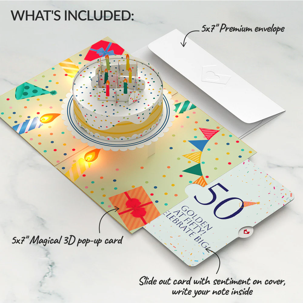 Happy 50th Birthday Confetti Cake Music and Lights Pop-Up Card and Party Hat Sentiment Set - Image 2