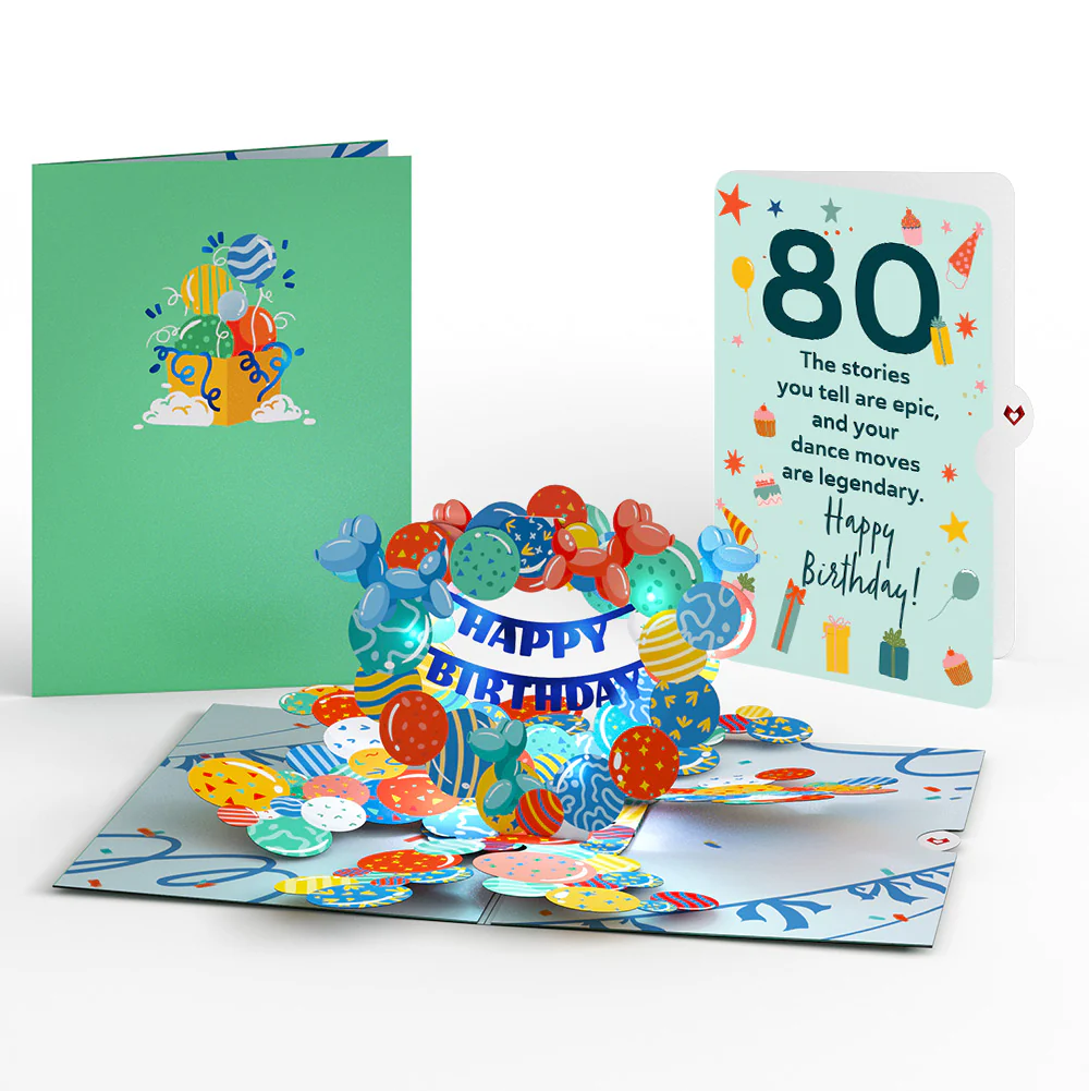 Happy 80th Birthday Balloons Music and Lights Pop-Up Card and Sentiment Set