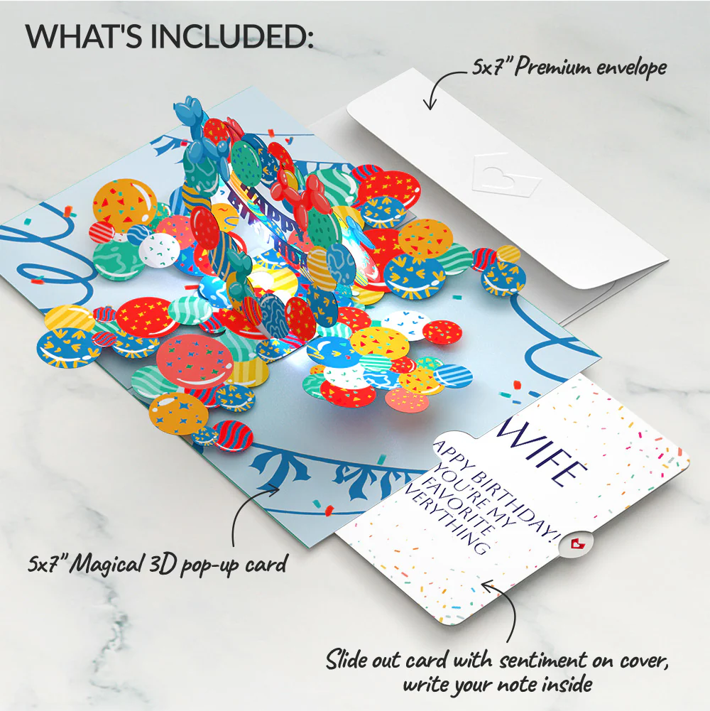 Happy Birthday Balloons Music and Lights Pop-Up Card and Sentiment Set for Wife - Image 2