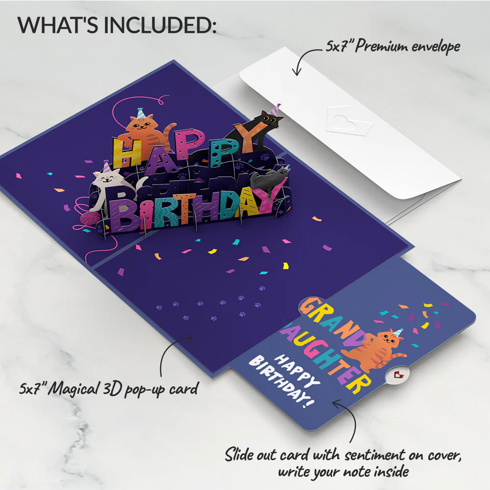 Happy Birthday Cats Pop-Up Card and Sentiment Set for Granddaughter - Image 2