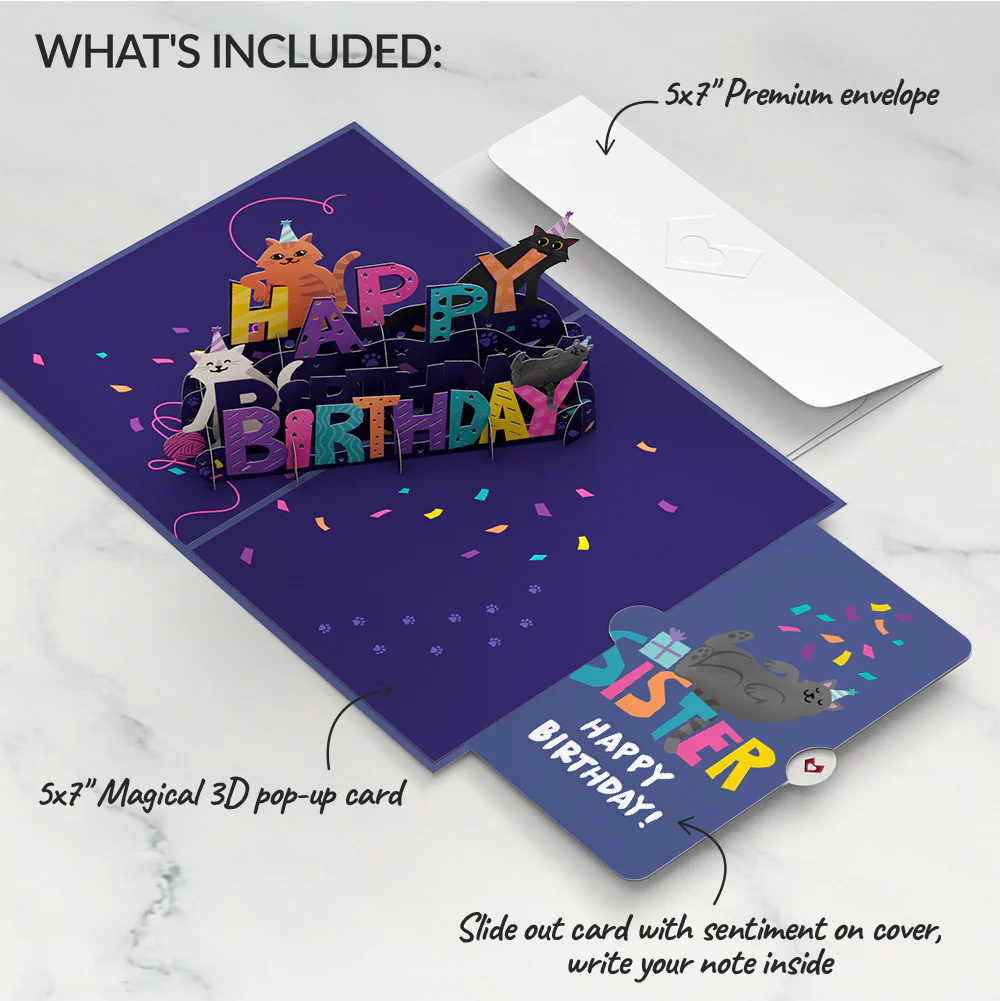 Happy Birthday Cats Pop-Up Card and Sentiment Set for Sister - Image 2