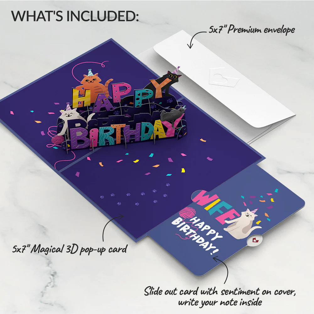 Happy Birthday Cats Pop-Up Card and Sentiment Set for Wife - Image 2