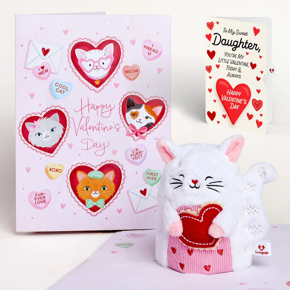 'Happy Valentine's Day' Love Cat Plushpop Card and Sentiment Set for Daughter