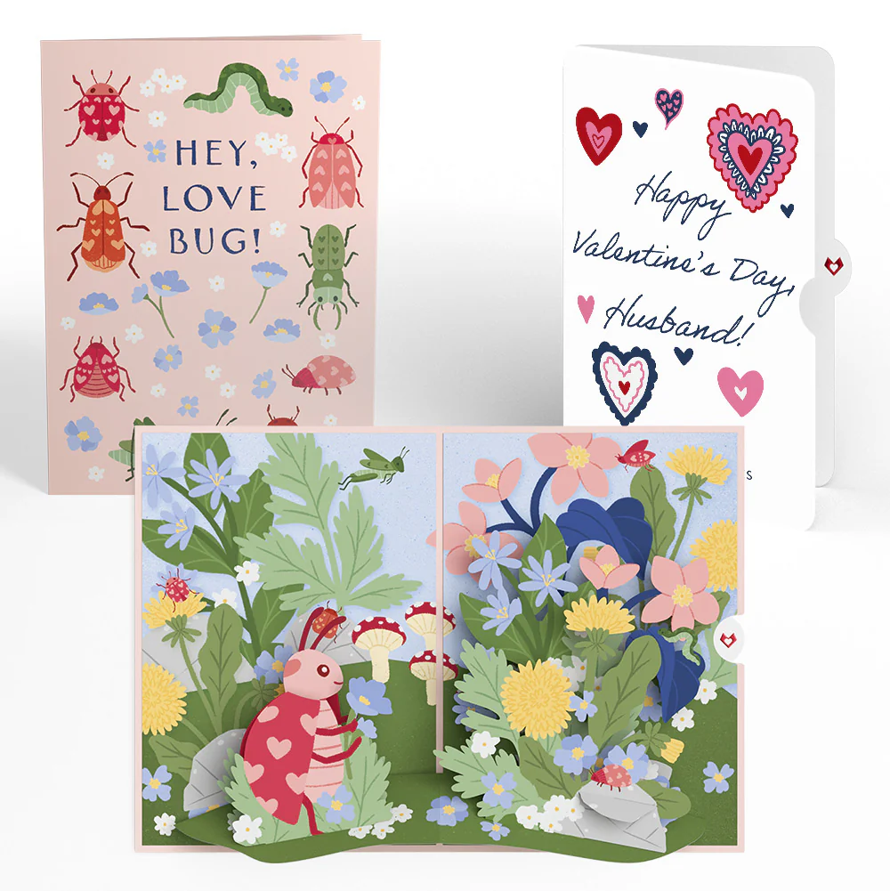 Hey, Love Bug! Pop-Up Card and Heart Motif Valentine Sentiment Set for Husband