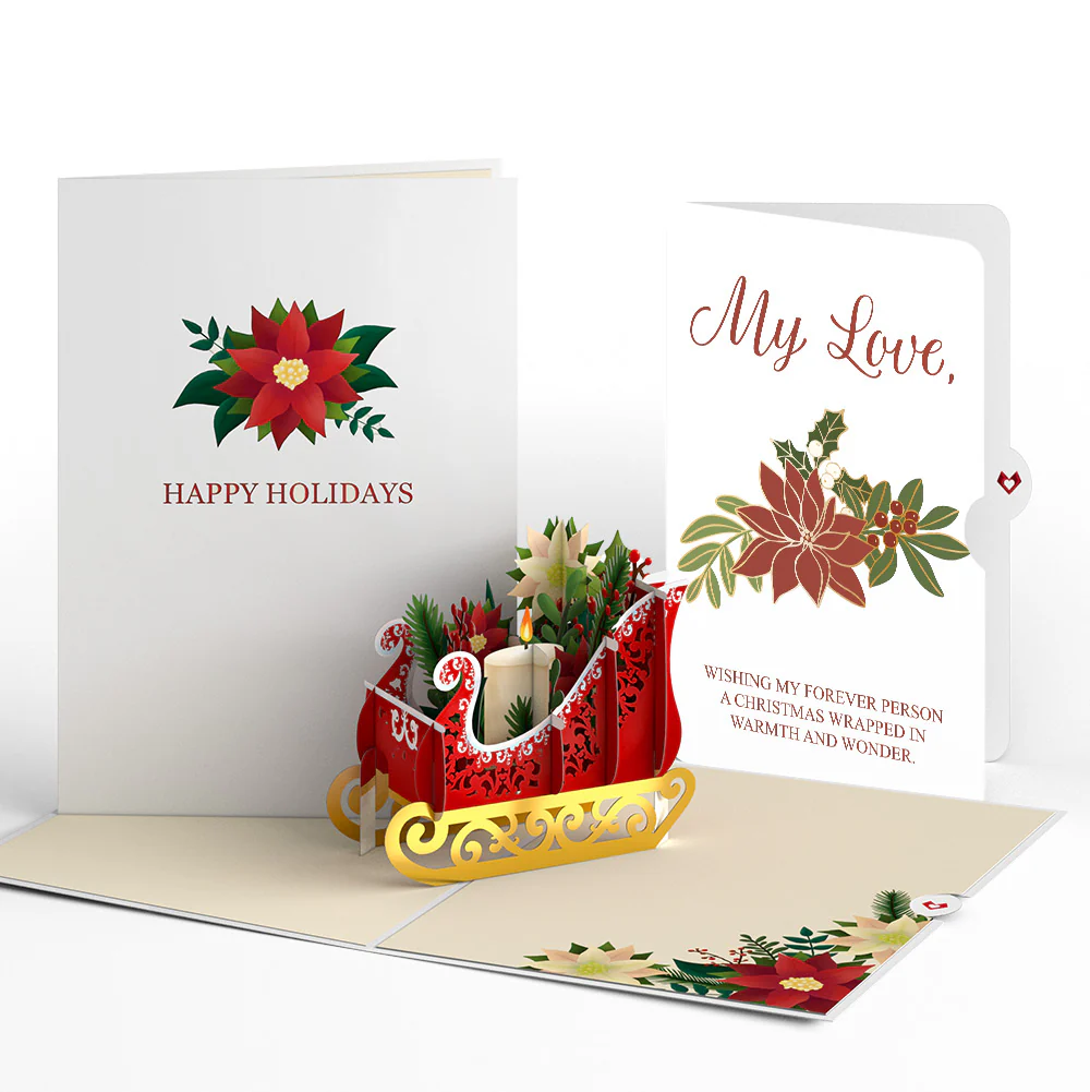 Holiday Poinsettia Sleigh Pop-Up Card and Love Sentiment Set for Partner