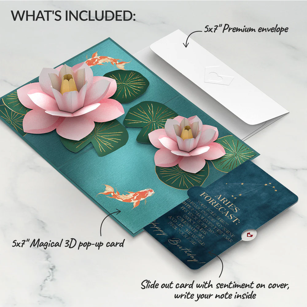 Koi Fish and Lotus Pond Birthday Pop-Up Card and Aries Zodiac Sentiment Set - Image 2