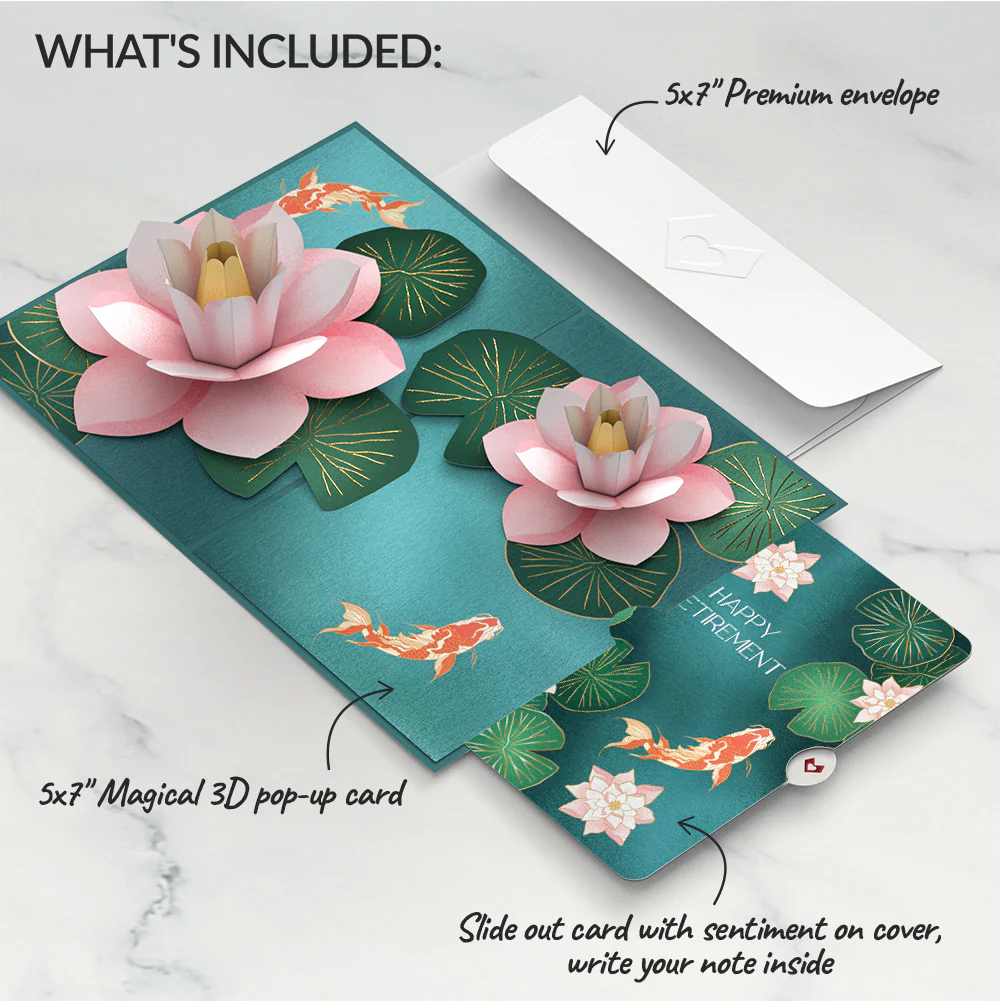 Koi Fish and Lotus Pond Retirement Pop-Up Card and Sentiment Set - Image 2