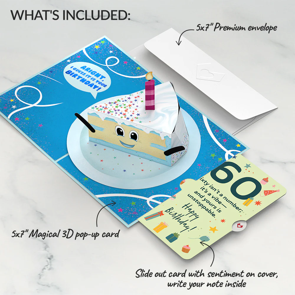 Whimsical 60th Birthday Cake Slice Pop-Up Card and Sentiment Set - Image 2