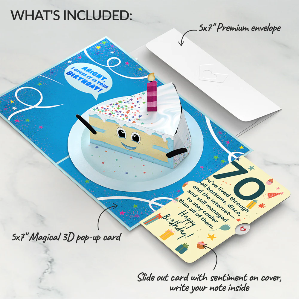 Whimsical 70th Birthday Cake Slice Pop-Up Card and Sentiment Set - Image 2