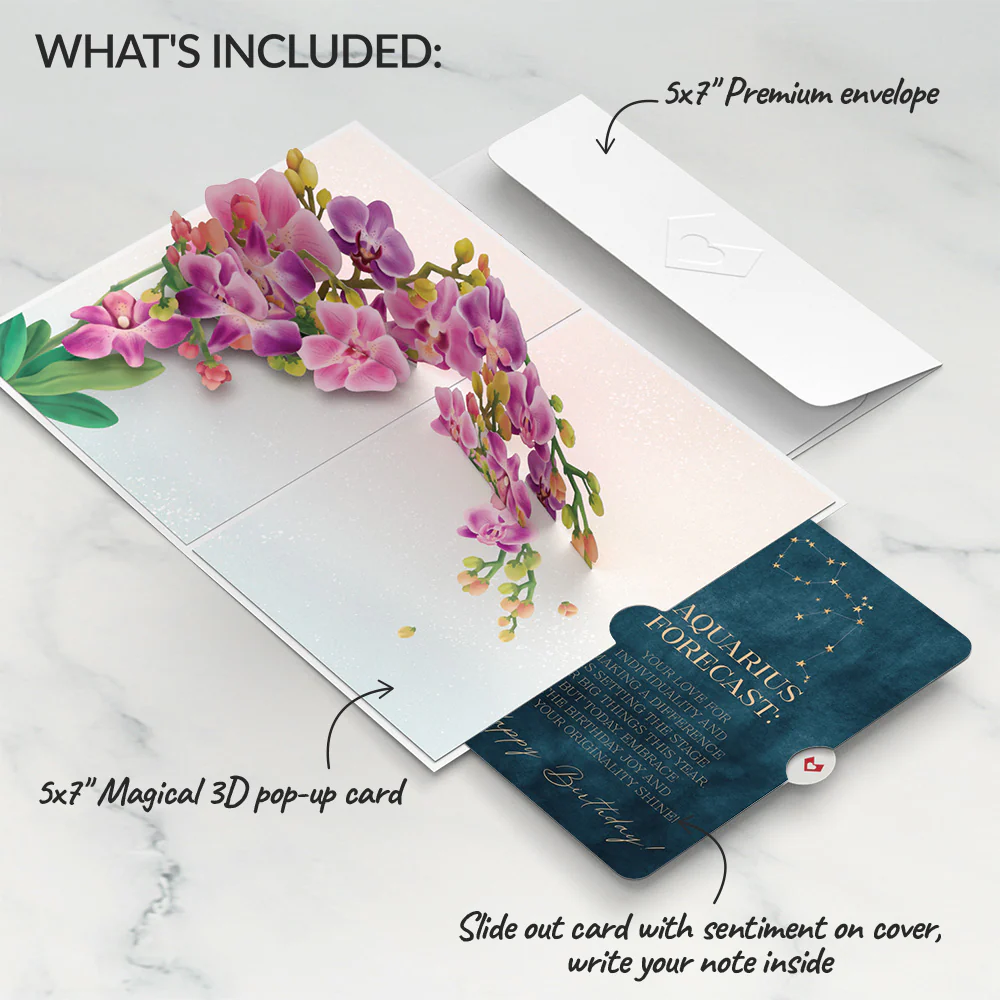 Watercolor Orchid Birthday Pop-Up Card and Aquarius Zodiac Sentiment Set - Image 2