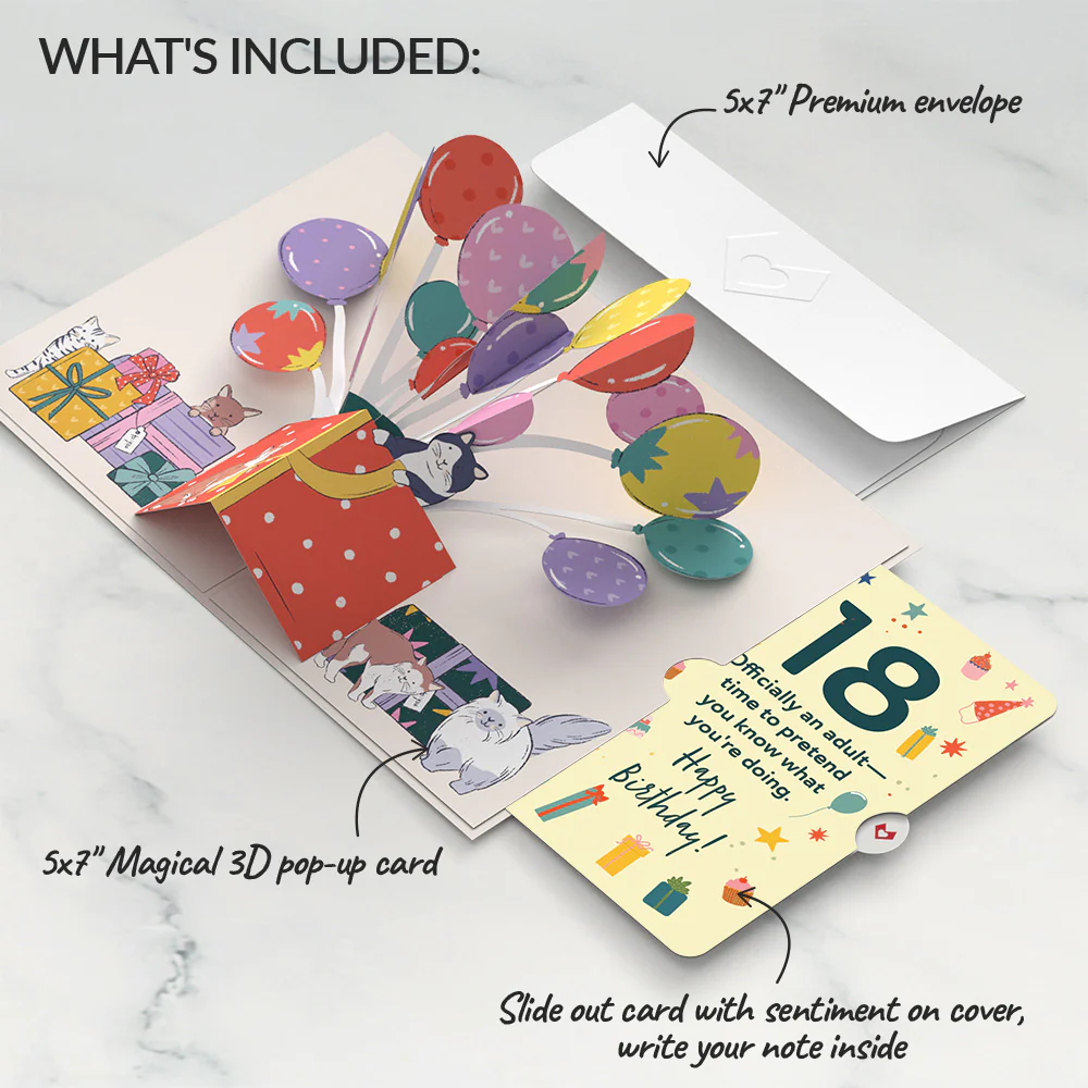 Curious Cats 18th Birthday Pop-Up Card and Sentiment Set - Image 2