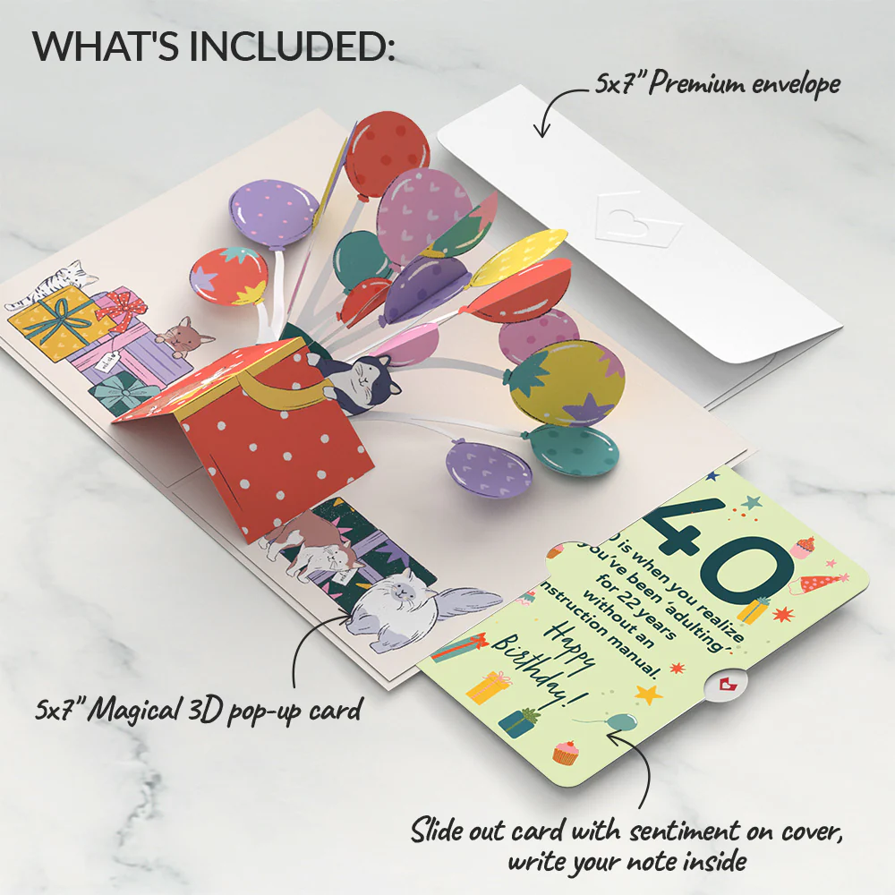 Curious Cats 40th Birthday Pop-Up Card and Sentiment Set - Image 2