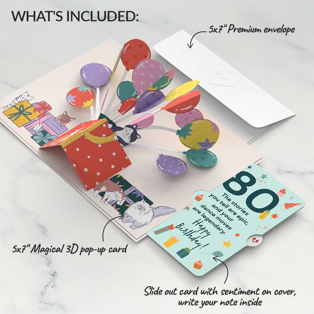 Curious Cats 80th Birthday Pop-Up Card and Sentiment Set - Image 2