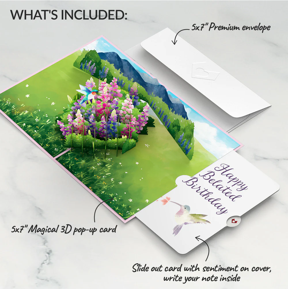 Lupine Hummingbird Belated Birthday Pop-Up Card and Sentiment Set - Image 2