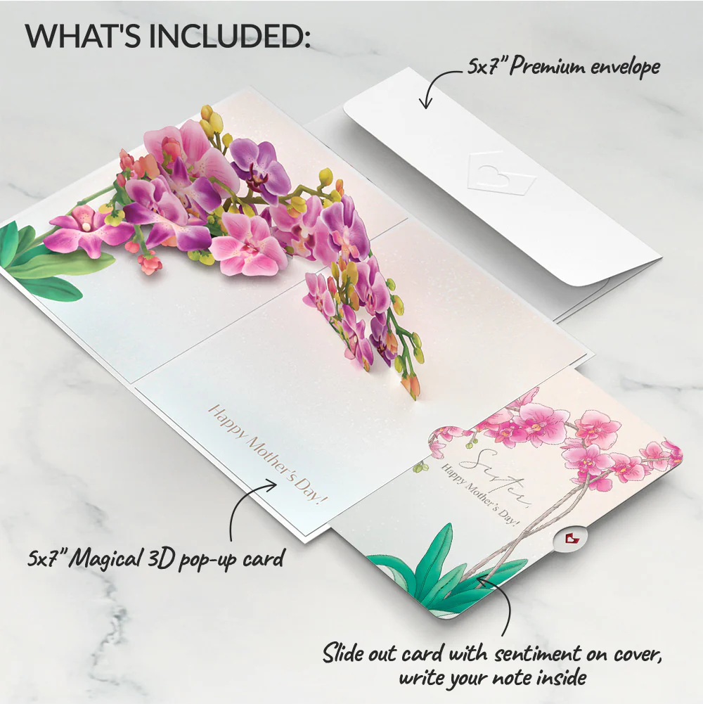 Mother’s Day Orchid Pop-Up Card and Sentiment Set for Sister - Image 2