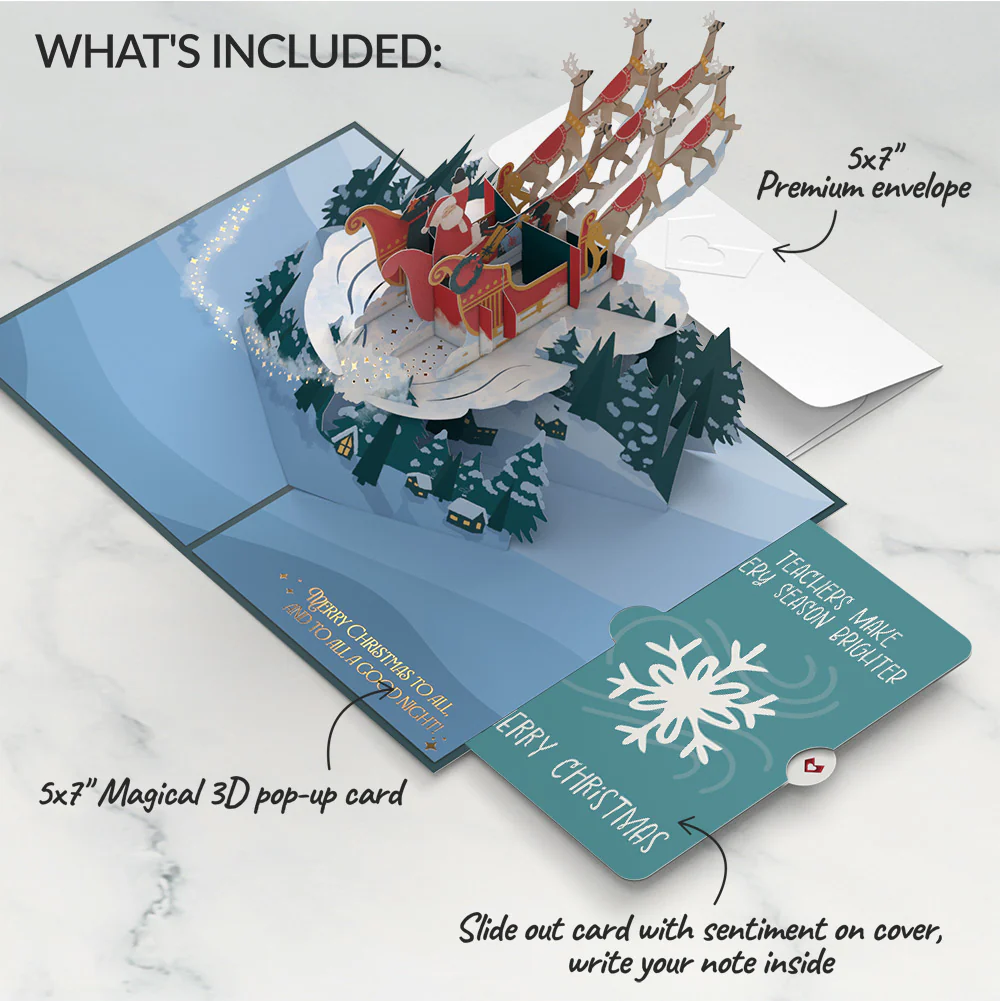 Night Sky Santa Sleigh Christmas Pop-Up Card and Sentiment Set for Teacher - Image 2