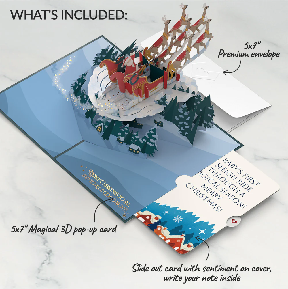 Night Sky Santa Sleigh First Christmas Pop-Up Card and Snow Village Sentiment Set for Baby - Image 2