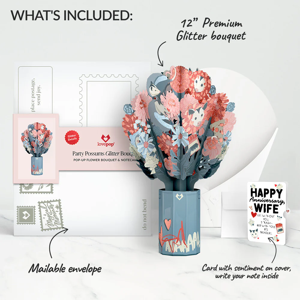 Party Possums Anniversary Glitter Bouquet and Sentiment Set for Wife - Image 2