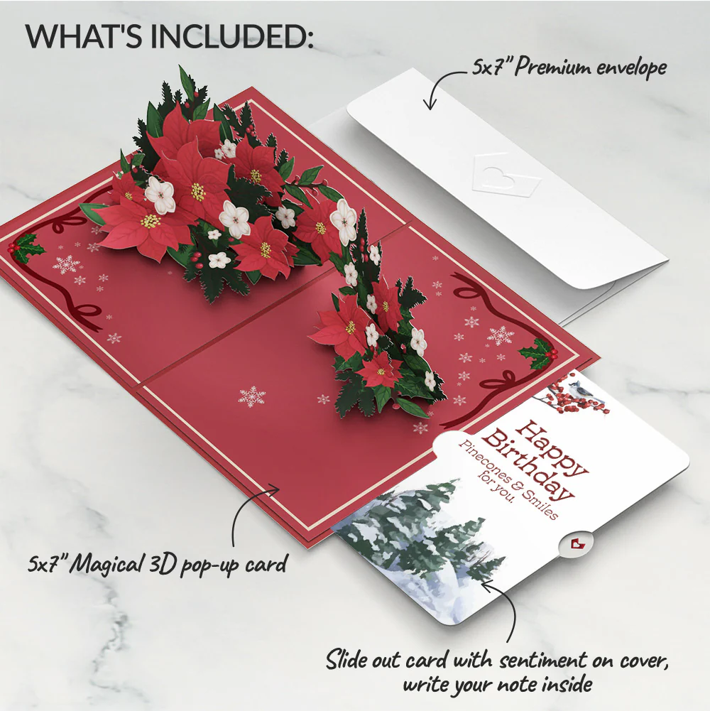 Poinsettia & Pine Birthday Pop-Up Card and Sentiment Set - Image 2