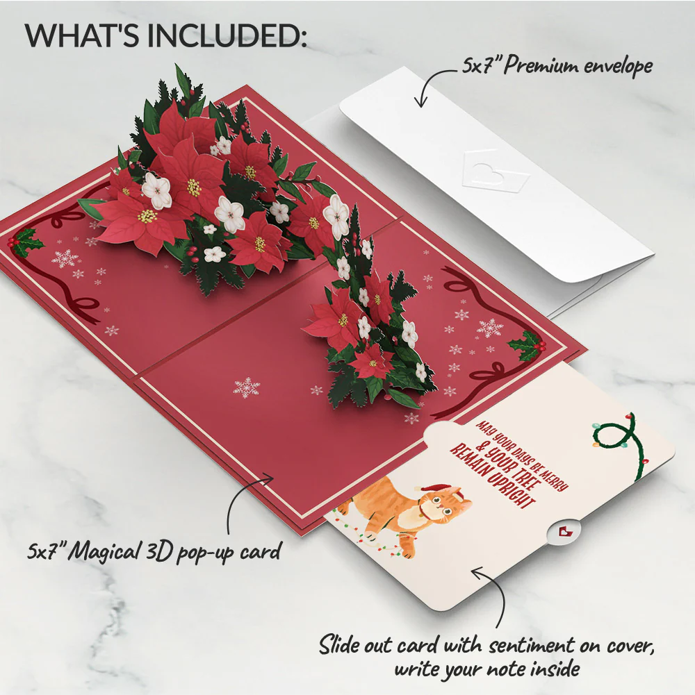 Poinsettia & Pine Christmas Pop-Up Card and Funny Cat Sentiment Set - Image 2