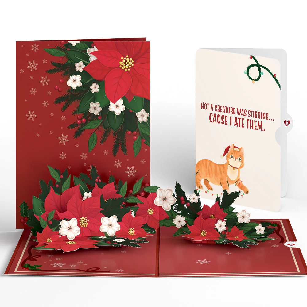 Poinsettia & Pine Christmas Pop-Up Card and Hungry Cat Sentiment Set