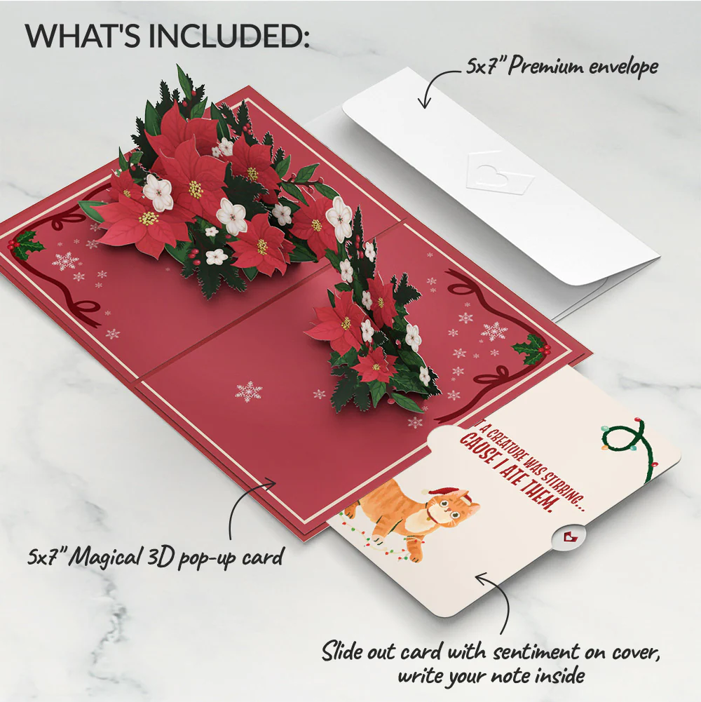 Poinsettia & Pine Christmas Pop-Up Card and Hungry Cat Sentiment Set - Image 2